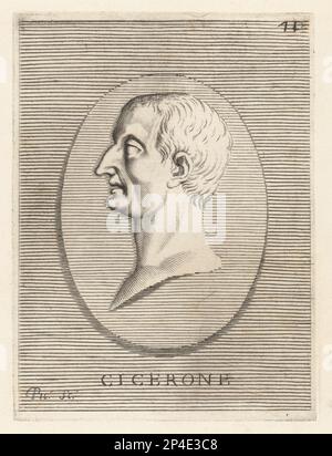 Marcus Tullius Cicero, 106 - 43 a.C., statista romana, avvocato, studioso, filosofo, e scettico accademico. Da un'antica gemma carneliana. M. Tullio Cicerone. Incisione su copperplate di Etienne Picart dopo Giovanni Angelo Canini da Iconografia, cioe malati d'imagini de famosissimi monarchi, regi, filososi, poeti ed oratori dell'Antichita, disegni di immagini di famosi monarchi, re, filosofi, poeti ed oratori dell'Antichità, Ignatio de’Lazari, Roma, 1699. Foto Stock