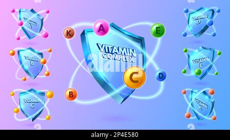 Scudo vitaminico. Complesso multivitaminico per la protezione della salute, etichetta per set di illustrazioni vettoriali vitamine A, B, C, D, e e K. Illustrazione Vettoriale