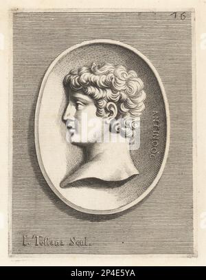 Antinous, chiamato anche Antinoos, giovane greco di Bitinia e favorito e amante dell'imperatore romano Adriano, 111-130. Antinoo. Incisione su copperplate di Guillaume Vallet dopo Giovanni Angelo Canini da Iconografia, cioe malati d'imagini de famosissimi monarchi, regi, filososi, poeti ed oratori dell'Antichita, disegni di immagini di famosi monarchi, re, filosofi, poeti ed oratori dell'Antiquità, Ignatio de'Lazari, Roma, 1699. Foto Stock