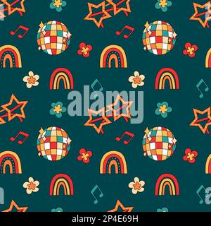 Elementi retro groovy party motivo senza cuciture Illustrazione Vettoriale