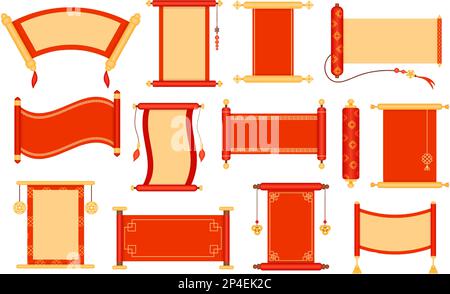 Scorre il cinese. Carta asiatica della busta, tradizionale rosso appeso rotolo decorativo cornice isolato set vettore Illustrazione Vettoriale