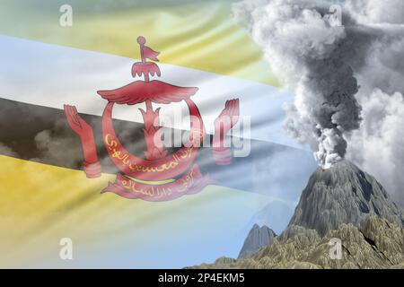 Eruzione di esplosione stratovulcano di giorno con fumo bianco sullo sfondo della bandiera di Brunei Darussalam, soffrono di eruzione e concettua di terremoto vulcanico Foto Stock