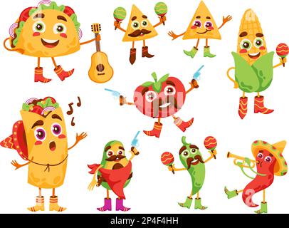 Cartoon prodotti alimentari messicani personaggi. Burrito divertente, nachos e mascotte taco. Set di illustrazioni vettoriali per avocado, peperoncino, pomodoro e mais Illustrazione Vettoriale