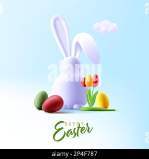 Cartolina di saluto di Pasqua con 3D rendere illustrazione di uova colorate, coniglietto di pasqua bianco e tulipani fiore, calligrafia saluto, composizione fasciva Illustrazione Vettoriale