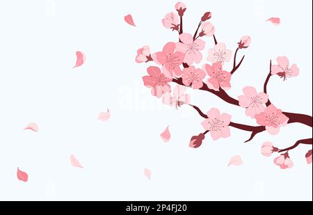 Ramo Sakura. Fiore di ciliegio con petali cadenti di fiori rosa, giapponese sakura stagione banner vettore illustrazione Illustrazione Vettoriale