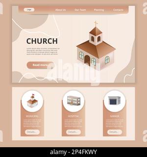 Modello sito web della landing page piatta della Chiesa. Comunale, ospedale, garage. Banner Web con intestazione, contenuto e piè di pagina. Illustrazione vettoriale. Illustrazione Vettoriale