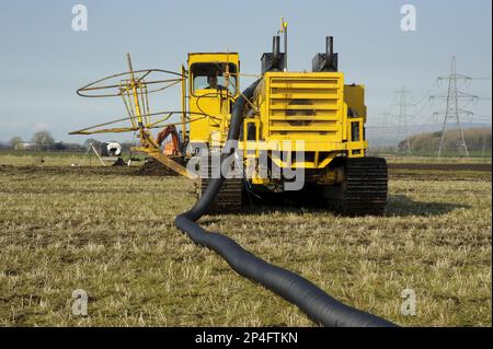 Drenaggio sul campo, posa continua di tubi in agricoltura arabile, Pilling, Lancashire, Inghilterra, Regno Unito Foto Stock