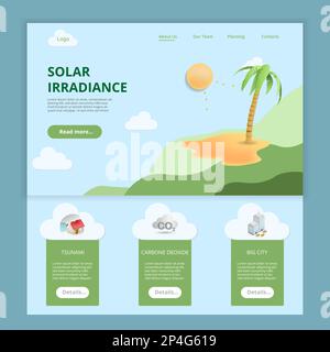 Modello di sito web della landing page piatta per l'irradiazione solare. Tsunami, diossido di carbone, grande città. Banner Web con intestazione, contenuto e piè di pagina. Vettore Illustrazione Vettoriale
