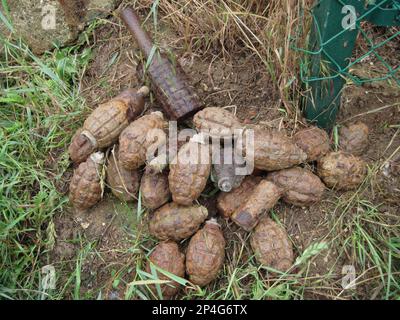 'Iron Harvest', granate inesplose della prima guerra mondiale, recentemente recuperate dai campi, campo di battaglia della Somme, Somme, Piccardia, Francia Foto Stock