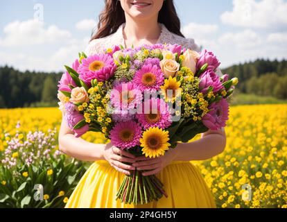 Bella ragazza adulta con bouquet primaverile di fiori colorati dietro il prato di fiori selvatici a giorno di sole. Foto Stock