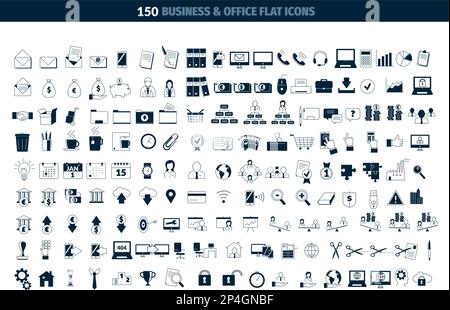 collezione di icone bianche e nere o pittogrammi sul tema del business, dell'ufficio, del lavoro e della finanza. Illustrazione Vettoriale