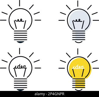 icona o pittogramma di una lampadina che si accende. Simbolo di un'idea o di un genio attraverso la luce. La parola idea è scritta con il filamento della luce Illustrazione Vettoriale