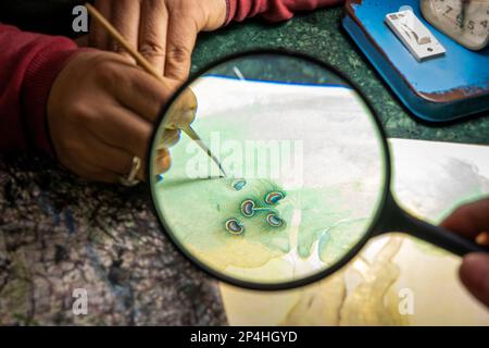 India, Rajasthan, Bikaner, Tirham, strada municipale, Bikaner Miniature Arts, pennello ingrandito dell'artista Shiv Swami pittura Foto Stock