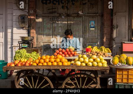 India, Rajasthan, Bikaner, Kote cancello, venditore di frutta a stalla di barrow Foto Stock