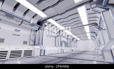 Architettura futuristica interni del corridoio della navicella spaziale Sci-Fi Foto Stock