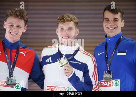 Sander Skotheim di Norvegia, Kevin Mayer di Francia, Risto Lillemets di Estonia, Podium Men Heptathlon durante i Campionati europei di atletica indoor 2023 il 2 marzo 2023 all'Atakoy Arena di Istanbul, Turchia - Foto Laurent Lairys / DPPI Foto Stock