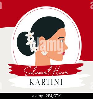 Selamat Hari Kartini significa Happy Kartini Day. Kartini è un eroe femminile indonesiano. Profilo di una donna asiatica con capelli scuri su uno sfondo di rosso e W. Illustrazione Vettoriale