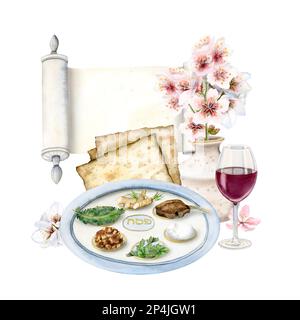 Piatto di sidro acquerello Passover con pasto tradizionale, bicchiere di vino rosso, chiocciola di Haggadah e bouquet di fiori di mandorla in vaso Foto Stock