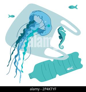 Ambiente marino sporco, animali, pesci, meduse, cavalluccio marino nuotare con rifiuti, bottiglia di plastica, sacchetto di plastica. Illustrazione vettoriale cambiamento climatico, SALVATAGGIO Illustrazione Vettoriale