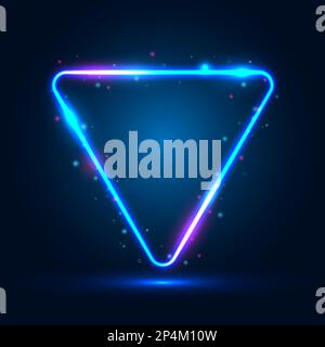 Cornice triangolare al neon con effetti luminosi e luci su sfondo blu scuro. Illustrazione Vettoriale