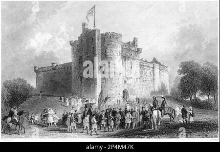 Incisione del Castello di Doune (Principe Carlo Stuart. Disposizione dei suoi prigionieri dopo la battaglia di Falkirk 1746 d.C.) da un libro del 1840. Foto Stock