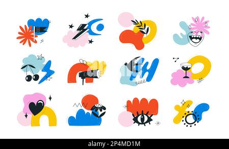 Disegnate a mano varie forme colorate, oggetti doodle Illustrazione Vettoriale