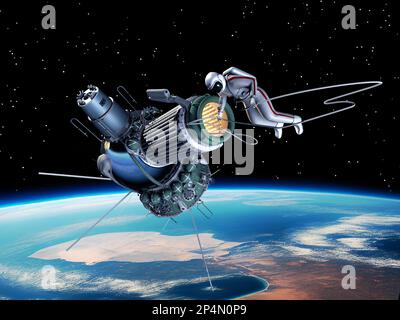 Prima pista da sci dalla navicella spaziale Voschod-2. rendering 3d. Illustrazione 3D Foto Stock