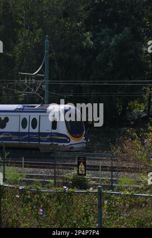 Hong Kong - 3 Mar 2023: Treno della linea Disneyland per l'area urbana. Gestito dalla compagnia MTR di Hong Kong Foto Stock
