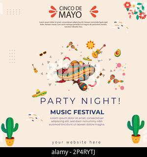 Cinco de Mayo - 5 maggio, Festival di Musica in Messico. con bandiere, fiori, decorazioni Illustrazione Vettoriale