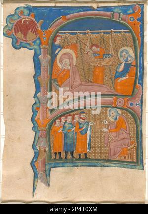 13th ° secolo nascita e denominazione di Giovanni Battista, fine 13th ° secolo iniziale F da un libro di coro - miniatura su vellum Foto Stock