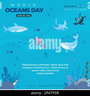 World Oceans Day design con oceano sottomarino, delfini, squali, coralli Illustrazione Vettoriale