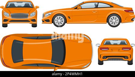 Modello vettoriale per auto sportive arancione con colori semplici senza sfumature ed effetti. Vista laterale, anteriore, posteriore e superiore Illustrazione Vettoriale