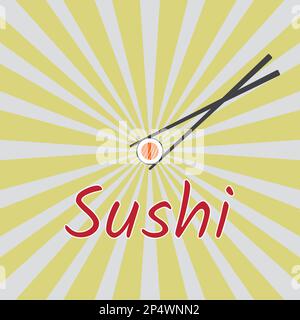 Design vettoriale del ristorante giapponese. Chopsticks e sushi su sfondo giallo raggio. Illustrazione Vettoriale
