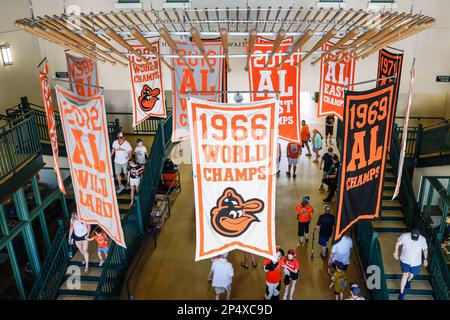 Sarasota FL USA; Una visione generale dei banners dei Baltimore Orioles come visto durante un gioco di allenamento primaverile della MLB contro gli Atlanta Braves a ed Smith sta Foto Stock