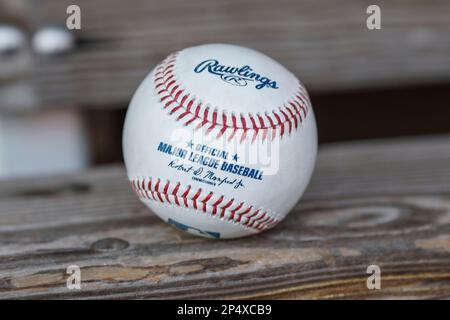 Sarasota FL USA; visione di un baseball ufficiale della MLB durante una partita di allenamento primaverile della MLB tra i Baltimore Orioles e gli Atlanta Braves t ed Smith Foto Stock