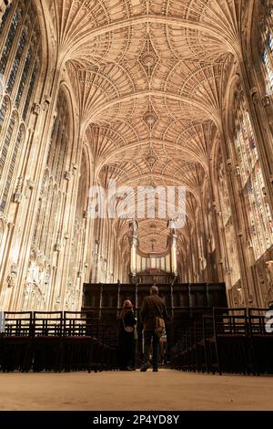 I turisti si trovano vicino allo schermo di quercia scuro sotto il soffitto a volta della ventola presso la cappella fondata da Enrico VI al King's College, Università di Cambridge, Inghilterra. Foto Stock