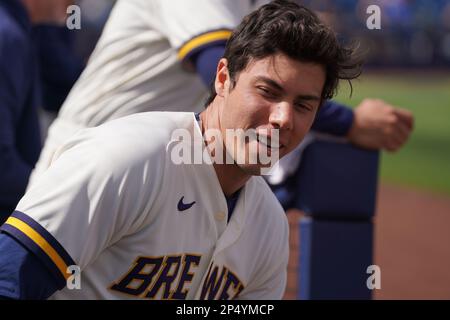 Milwaukee Brewers Outfielder, Christian Yellich, all'American Family Fields di Phoenix, 2 marzo 2023. I Rangers sconfissero i Brewers 7-4. (Scott Fink Foto Stock