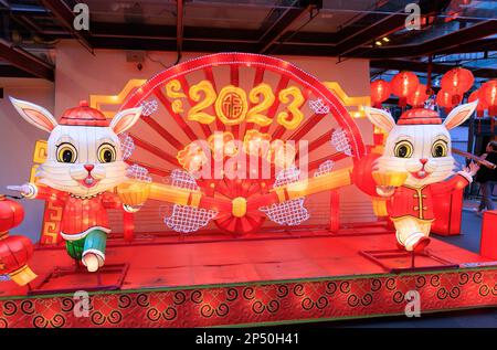 Installazioni di luci di coniglio al Tempio della Reliquia del dente di Buddha, Chinatown, Singapore per il Capodanno cinese Febbraio 2023 Foto Stock