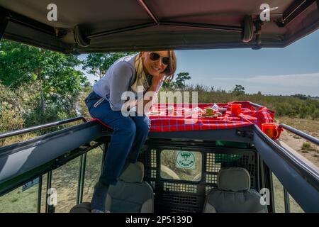 Giovane turista femmina che fa colazione nel veicolo safari durante la grande migrazione nel mara masai in kenya Foto Stock