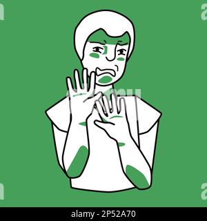 Ragazzo con emozione disgustosa, verde e bianco. Ragazzo disgustato maschio, ragazzo di loathing con malattia e ripugnanza. Adolescente alzò le mani. Semicorpo Illustrazione Vettoriale