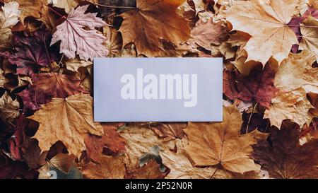 Concetto di autunno - sfondo di foglie autunnali asciutte cadute con spazio per il testo al centro - busta blu circondata da foglie autunnali, spazio copia Foto Stock