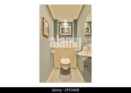 un bagno con wc, lavandino e quadri appesi alla parete nello stesso colore visto dall'alto Foto Stock