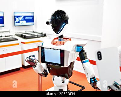 Android robot fa selfie per smartphone alla fiera Foto Stock