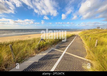 Sentiero lastricato attraverso l'ingresso del paesaggio delle dune alla spiaggia del Mare del Nord. Wijk aan Zee, Olanda del Nord, Paesi Bassi. Paesaggio marino in natura europea. Foto Stock