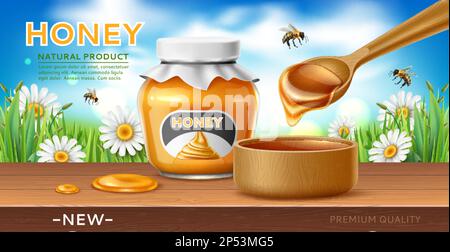 Poster del miele realistico. Prodotto naturale dell'ape, sciroppo floreale dolce confezionato in vaso di vetro, cucchiaio di legno, nutrizione sana, cibo biologico, 3D elementi, web Illustrazione Vettoriale