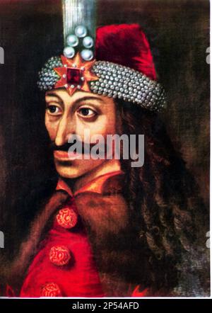 Il più celebrato romeno VLAD TEPES (l'Impalatore) DRACULA (il Drago) (Sighisoara, Romania 1431 - Visegrad, Ungheria 1475), Principe di Wallachia. La figura storica che ha ispirato lo scrittore irlandese BRAM STOKER ( Dublino 1847 - Londra 1912 ) Per il suo romanzo gotico DRACULA - FOTO STORICHE - STORIA - LETTERATURA - VAMPIR - VAMPIRO - vampiri - ORRORE - triller - vampiri - ritratto - ritratto - baffi - baffi - cappello - cappello - collare - colletto - perle - perle - perla - rubino - bijoux - Gioielleria - gioielleria - impalatore ---- Archivio GBB Foto Stock