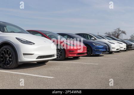 Indianapolis - circa marzo 2023: Veicoli elettrici Tesla EV in esposizione. I prodotti Tesla includono auto elettriche, stoccaggio dell'energia delle batterie, pannelli solari e. Foto Stock