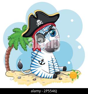 Carino pirata zebra in un cappello tricorno con un occhio patch. Pirati e tesori, isole e palme Illustrazione Vettoriale