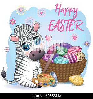 Zebra con uovo di Pasqua, fiori. Biglietto di auguri di Pasqua. Illustrazione Vettoriale