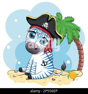 Carino pirata zebra in un cappello tricorno con un occhio patch. Pirati e tesori, isole e palme Illustrazione Vettoriale